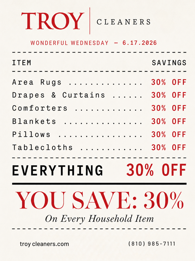 Troy - 17 june 30% off dry cleaning